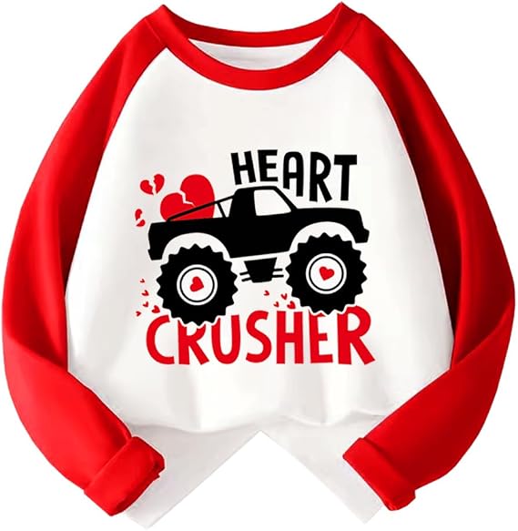 Kids Valentines Day Shirt Boys Girls Valentine's Monster Truck Dinosaur Heart Graphic Tees Raglan Toddler Long Sleeve Tops
