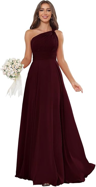 One Shoulder Bridesmaid Dresses Ruched Chiffon Long Formal Gown