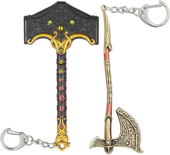 GOW Keychain Set - Leviathan Axe & Mjolnir(Thor) Charm - Cosplay Gifts for Men Women and Game Fans