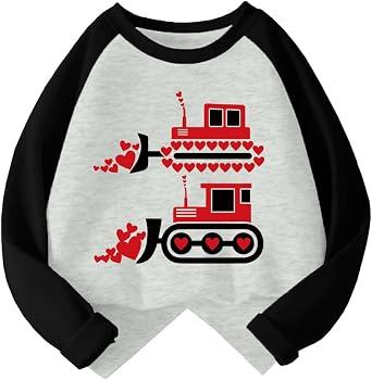 Kids Valentines Shirt Boys Girls Valentine's Monster Truck Tractor Heart Graphic Tees Raglan Toddler Long Sleeve Tops