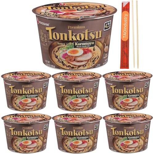 Tonkotsu Black Garlic Ramen Bowls Bundle. Includes Six - 3.56 Oz Premium Noodle Soup, Kuromayu Instant Noodle. Free TAOindustry Chopsticks