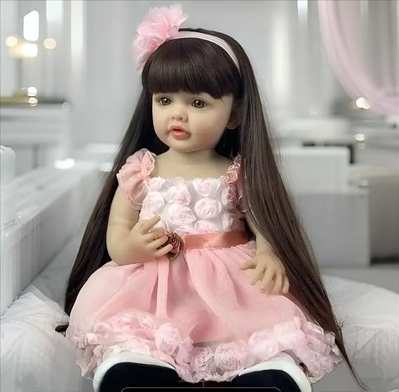 Reborn Toddler Baby Dolls Girl Soft Vinyl Full Body 22 Inch Realistic Neborn Silicone Reborn Dolls with Long Hair Clothes and Toy Gift for Kids Age 3+
