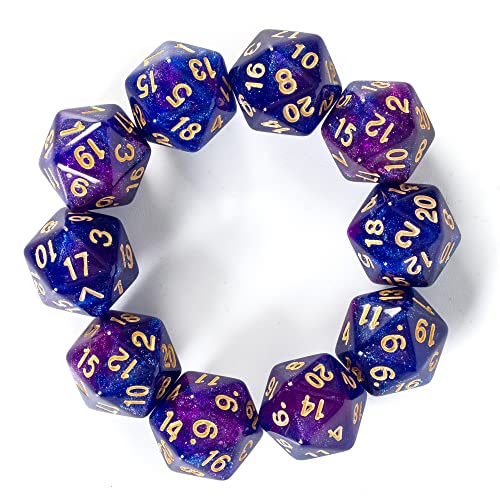 SmartDealsPro 10-Pack 20 Sided Dice D20 Polyhedral Dice for DND RPG MTG Table Game Glitter Blue-Purple