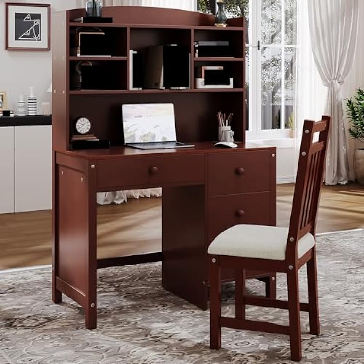 Vintage 40 Home Executive Desk and Upholstered Chair Set with Bookshelf, Computer Desk with Four Drawers, Storage Shelf, and Chair