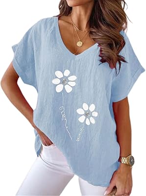 Summer V-Neck Bat Sleeve Floral Printed T-Shirts Casual Loose Short Sleeve Cotton Linen Shirts Tops for Women
