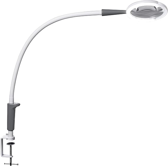 Daylight Magnificent ProTM LED Magnifying Lamp with Clamp 2-in-1 Task Light & Magnifier, 5,500 Lux at 6", 5" 1.75X Lens, 3 Brightness Levels, Flexible 26" Arm, 95+ CRI, Easy Twist Head White/Grey