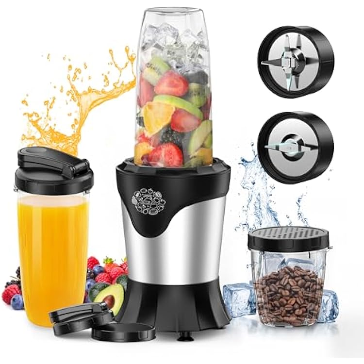Suavo Smoothie Blender 1100W Portable Personal Blender for Shakes and Smoothies with 2  22Oz To-Go Cups & Lids, Includes Portable Coffee Grinder and 10Oz BPA-Free Travel Cup Countertop Mixer