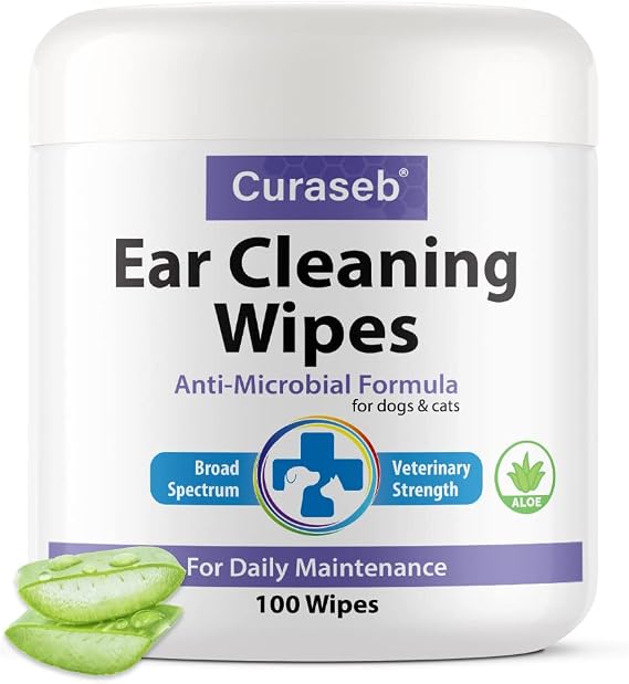 Curaseb Cat and Dog Ear Wipes Cleans, Deodorizes and Soothes Ear Issues with Soothing Aloe Vera Vet Strength 100 Wipes