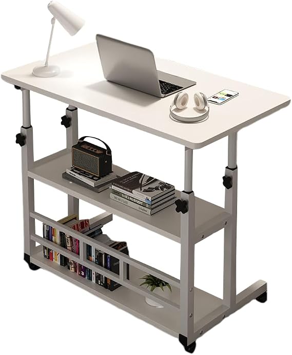Mobile Computer Desk Adjustable Height, 32.28"x23.62"x15.75" Wooden Laptop Table with Storage Shelves, Laptop Table on Wheels, Mobile Overbed Table for Bed and Sofa