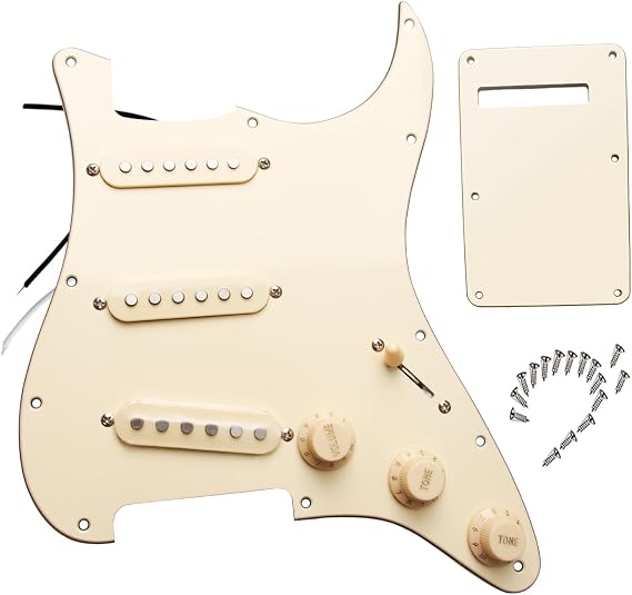 Prewired 6 String Electric Guitar Pickguard Loaded Modern Tone Single Coil Pickups, Pick Guards Wired Alnico 5 SSS Pickup Set Volume Tone Pots 5-way Switch, Backplate Included, Cream