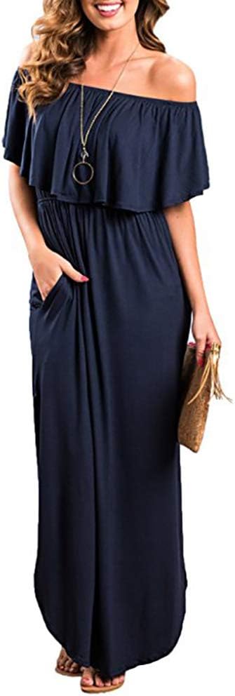 Women's Off Shoulder Ruffle and Casual Loose Sundress Long Dress Short Sleeve Maxi Dresses