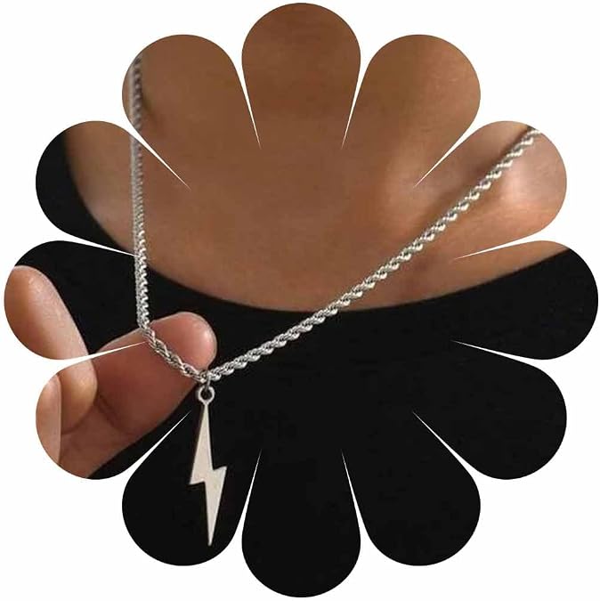 Lightning Bolt Necklace Gold Thunder Pendant Necklace Vintage Lightning Charms Rope Chain Necklace Long Sweater Chain Necklace Jewelry for Women Men