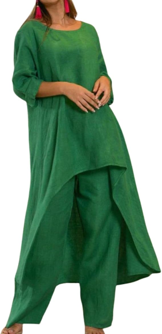DMOYALA Women Linen Set - 2 Piece Linen Outfits with 3/4 Sleeve Dress & Wide Leg Pants