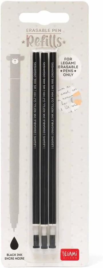 Legami Refill for Erasable Gel Pen, Set of 3 Refills, 13 cm Height, Black Thermosensitive Ink, 0.7 mm Tip