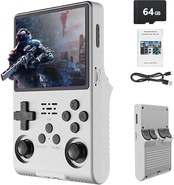R36S 64GB Handheld Retro Gaming Console, Built-in over 15000+ Classic Games, Linux System with 3.5" HD MIPI IPS Screen,3500mAh Portable Gaming & Entertainment Device (White, 64GB)