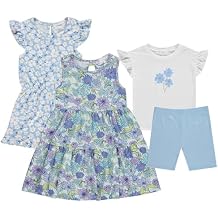 BTween Girls Mix and Match Set 4 Pack Soft Cotton Blend, Shirt. Biker Short, Dress and Romper