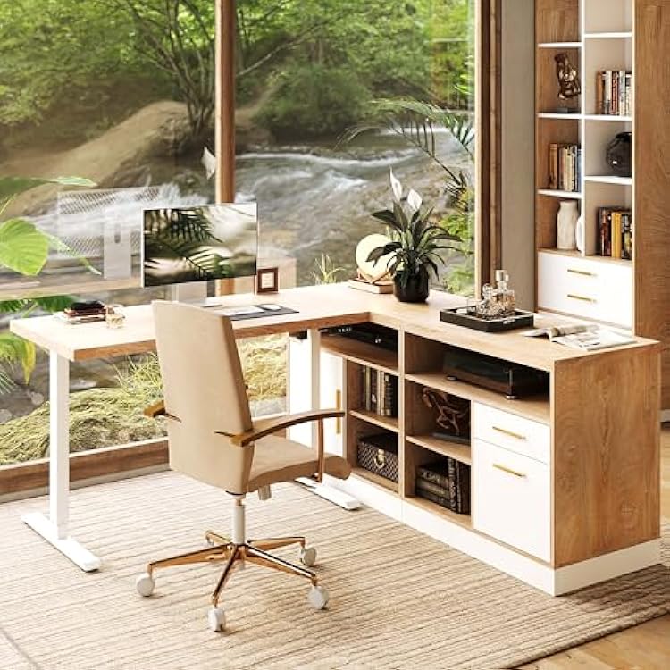 ModernMate 67 L Shaped Standing Desk with Storage, Electric Adjustable Height Executive Desk, Home Office Corner Workstation with 2 File Drawers & Built-in Power Outlets, Light Walnut