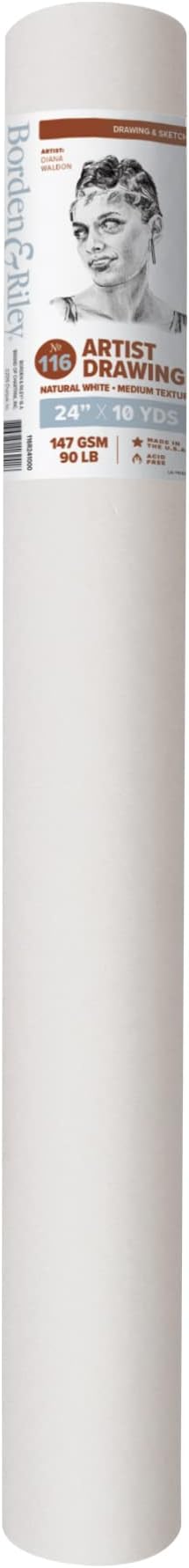 Borden & Riley 24" x 10 Yards #116 Artist Drawing/Sketch Roll, 147 GSM/90 lb., White, 1 Roll Each