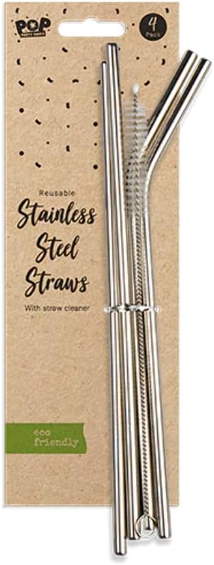 Pop Party Stainless Steel Metal Re-Usable Straws - Pack of 4, packaging may vary