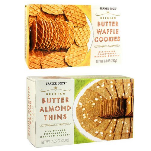 Trader Joes Belgian Butter Waffle Cookies 8.8 ounce, Belgian Butter Almond Thins 7.05 ounce 2 Box Set