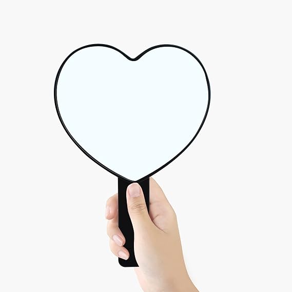 TBWHL Heart-Shaped Travel Handheld Mirror, Cosmetic Hand Mirror with Handle, Cute Hand held Mirror for Shaving Single-Sided Portable Travel Vanity Mirror for Men & Women (Black, 1Pack)