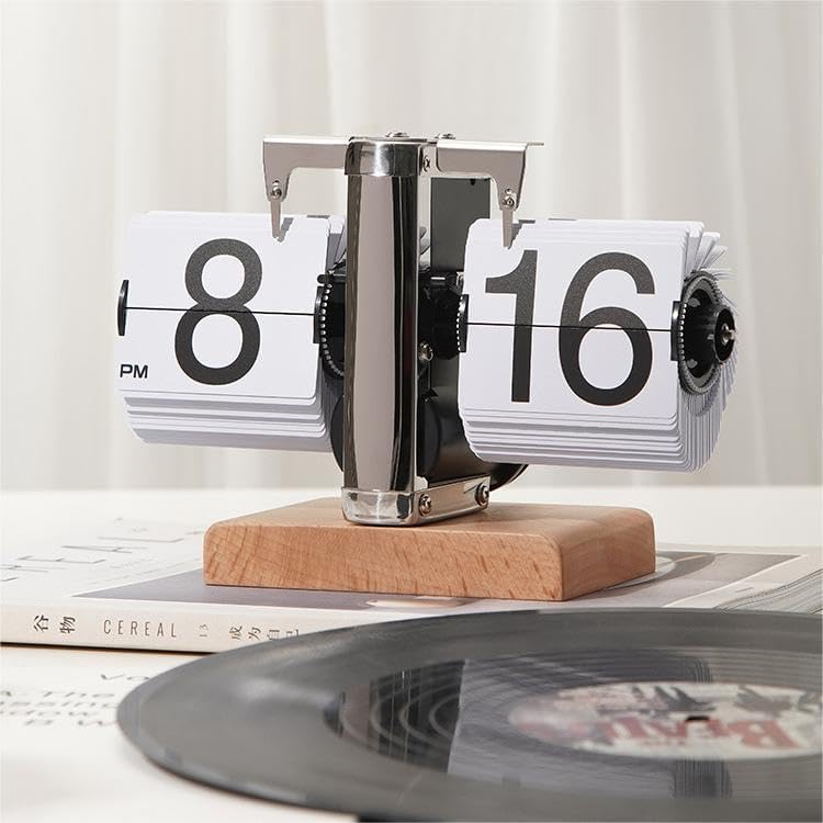 Beech Wood Base Flip Down Clock,Retro Digital Flip Desk Clock,Vintage Design Auto Flip Clock,Battery Operated Digital Display,Home and Office DecorationsNo Battery Included-Beech Base