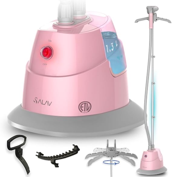 SALAV Standing Steamer with Garment Hanger, 1.3L Water Tank for 1 Hour Continuous Steaming, Heats in 45 Seconds, Double-Insulated Steam Hose (Blush, Garment Steamer)