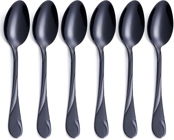 Black Dinner Spoon Set, Seeshine 7.6-inch Stainless Steel Shiny Black Soup Table Spoon Silverware, Set of 6
