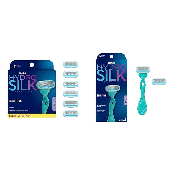 Schick Hydro Silk Moisturizing Razor Blade Refills for Women with Shower Hanger, 6 Count (Pack of 1) & Sensitive Skin Razor for Women with 2 Moisturizing Razor Blade Refills