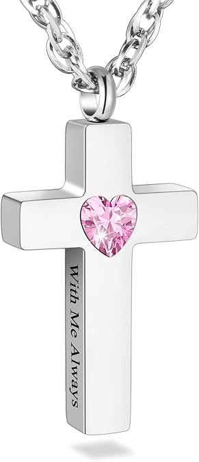 SOITIS Cremation Cross Necklace for Ashes, Cross Urns Silver Pendant Ashes Holder, Stainless Steel Memorial Jewelry with Birthstone - With Me Always