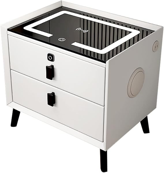 Modern bedside table, smart bedside table, simple side table, with wireless charging, bluetooth speaker, led light, fingerprint lock, usb socket, suitable for bedroom, living room, hotel ( Color : Whi
