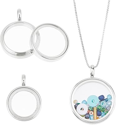 DICOSMETIC 3Pcs 3 Sizes Round Locket Pendant Stainless Steel Memory Locket Charms Clear Picture Frame Charm Floating Charm Glass Living Bouquet Charms for Women Men Necklace
