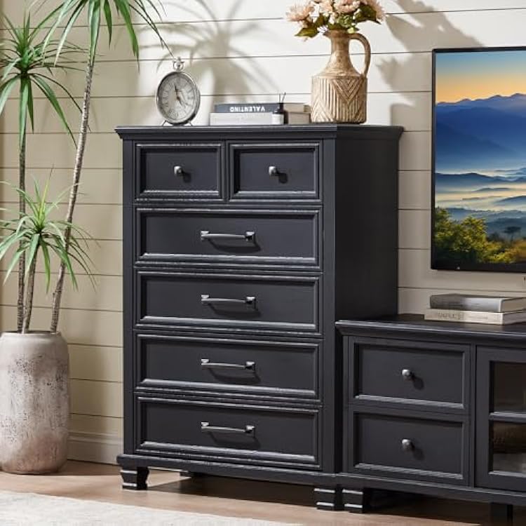 SAVOR LIFE Farmhouse 6 Drawer Dresser for Bedroom, 45 Inch Tall Vintage Wood Chest of Drawers, Mid-Century Dressers wSquare Wooden Legs, Rustic Storage Organizer for Living Room, Hallway, Black