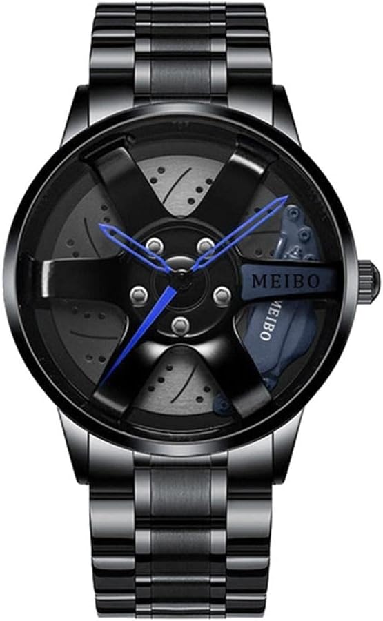 Men's Sports Watch 3D Hollow Wheel Design Stainless Steel Watch Water Proof Car Wheel Watches (Blue)