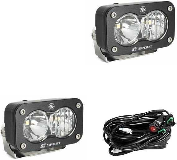 Baja Designs S2 Sport Black LED Light Pod Pair - 2PCS LED with Wiring Harness - Driving/Combo Beam - Clear Lens