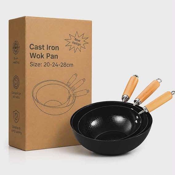 carbon steel skillet set 3 Piece 12/10/8 Inch Pre-Seasoned Nonstick Skillet & Wok Pans with Wooden Handle, Induction Compatible Cookware for Gas, Electric, BBQ & Camping