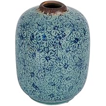 Creative Co-Op Decorative Round Terra-Cotta Vase with Floral Pattern with Distressed Finish, Blue