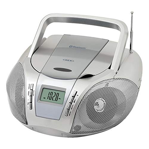 HANNLOMAX HX-322CD Portable CD Boombox with Radio, AMFM Radio, Bluetooth, Aux-in, ACDC Dual Power Source. Silver