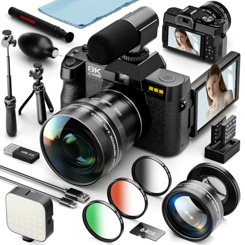 8K Digital Cameras for Photography, 64MP Vlogging Camera with 180Flip Screen,2 Batteries, 64GB TF Card,16X Zoom, WiFi, 3 Color Filters,Microphone, Tripod, Wide & Macro Lens Kit