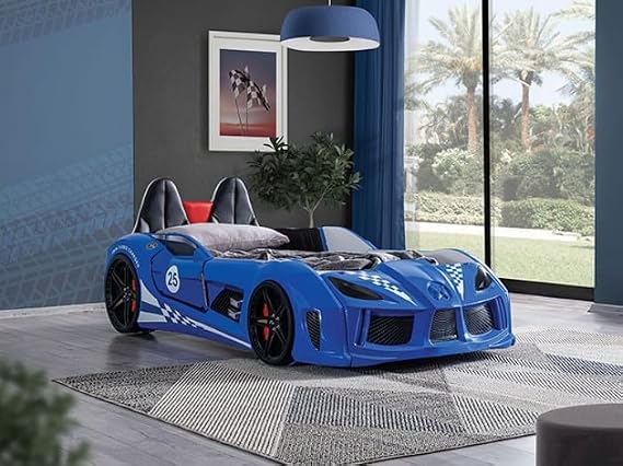 Track Racer Blue Twin Race Car Bed with Led Lights