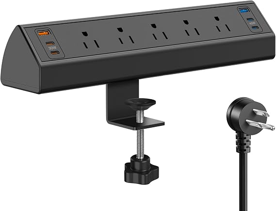 Desk Clamp Power Strip USB C,75W Total Fast Charging Station,45W USB-C and 30W USB-C Ports,Desk Edge Mount Power Strip 6-USB,5 AC Outlets Tabletop Surge Protector,Fit 1.6" Tabletop Edge