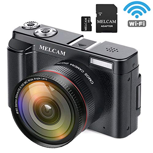 MELCAM Digital Video Camera Camcorder Full HD 1080P 24.0MP YouTube Vlogging Camera with Wide Angle Lens and 32GB SD Card, 3.0 Screen, WiFi Function, Face Detection, Flash Light, 16 Digital Zoom