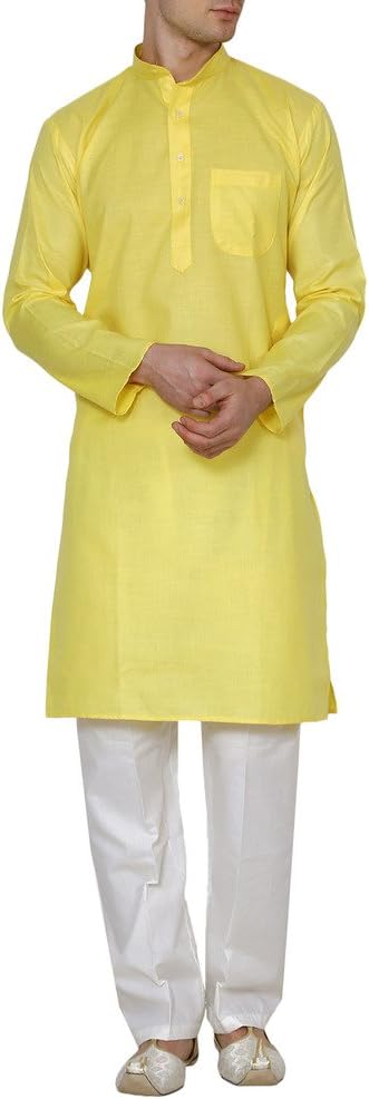 Royal Kurta Men's Linen Cotton Kurta Pyjama Set 42 Yellow