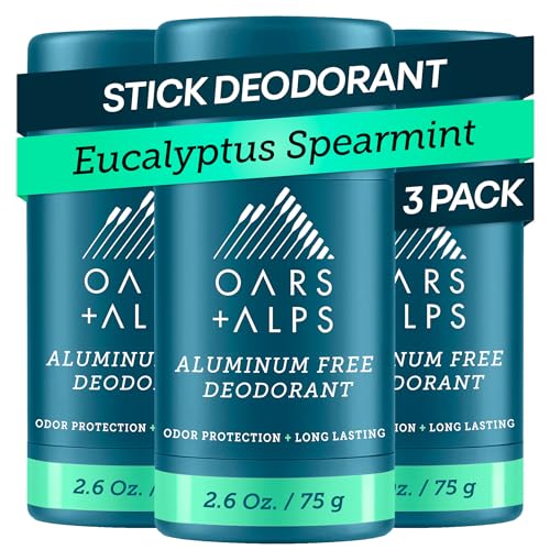 Oars  Alps Aluminum Free Deodorant for Men | Long Lasting Odor Protection, Clear & Free of White Residue, Anti-Chafing Smooth Glide, Dermatologist Tested, Eucalyptus Spearmint, 3pk, 2.6oz