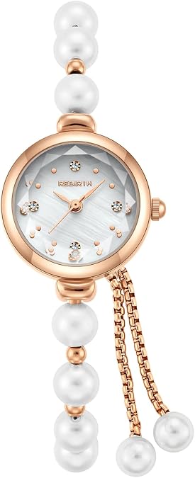 Reginald Womens Pearl Bracelet Watch ,Petite 22mm Dress Watch with Small Dial, Quartz Analog Wrist Watch with Adjustable Slider Clasp, Elegant Dainty Watch for Women