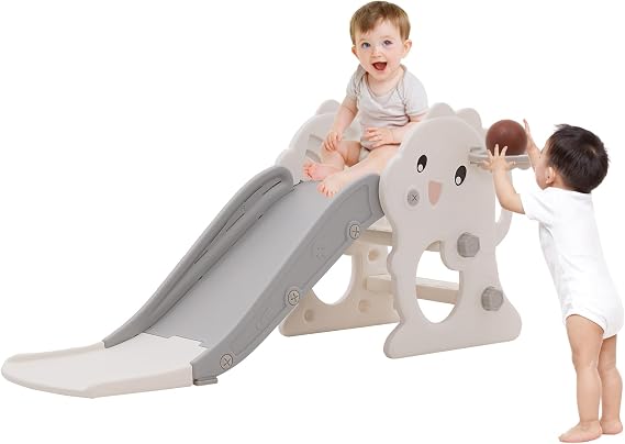 Toddler Slide with Basketball Hoop and Ball, Baby Slide Garden Toys, Grey | Freestanding Slides Indoor Outdoor, Nonslip Steps, Rounded Edges, Safe, Space-saving