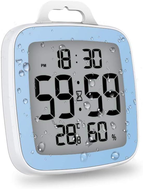 Shower Clock Digital Kitchen Bathroom Countdown Timer, Waterproof for Water Splashes, Temperature Humidity Display, Standing Wall Clock for Shower Cooking Study Makeup Blue