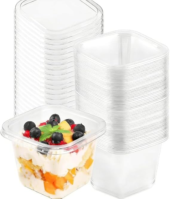 Plastic Dessert Cups, 40 Pcs Reusable Clear Cup, Square Bowl with Lids for Pudding Mousse Ice Cream Yogurt and Party Snacks - 10 x 10 x 7cm
