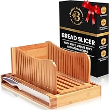 Bread Slicer for Homemade Bread - Adjustable Bamboo Bread Cutter with Knife, Foldable Slicing Guide & Crumb Tray - Bread Loaf Slicer for Sourdough, Cakes, Bagels, Loaves - Kitchen Gadgets Baking Gifts