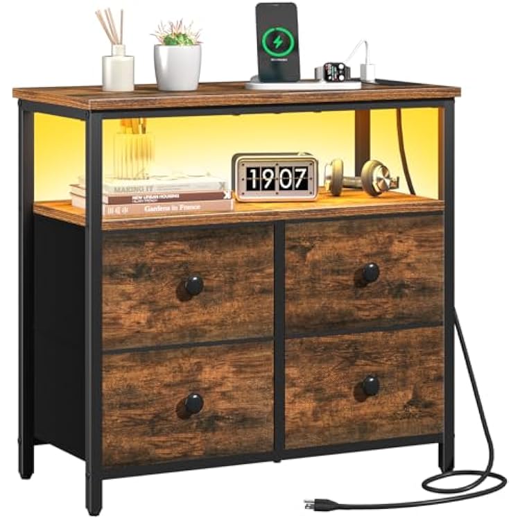 Yoobure Night Stand with Charge Station, Nightstand with 4 Drawers Bedside Table, LED Dresser with Storage Shelf, Night Stands for Bedroom, Side Table 3-Tier Wood End Table for Home Rustic Brown